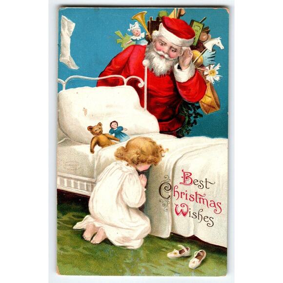 Santa Claus Christmas Postcard Ellen Clapsaddle Girl Prays Embossed Germany - Picture 1 of 2